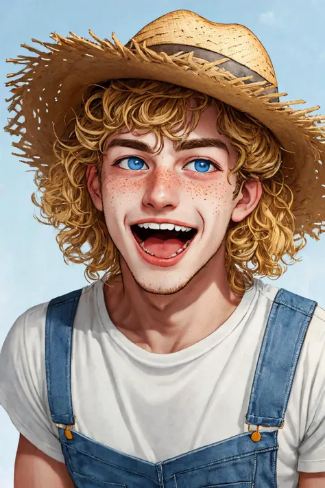 close-up photo portrait of a 20 yo european man, blond short curly hair, blue eyes, laughing face expression, freckles, denim overall, t-shirt, straw hat, farmer, simple background
