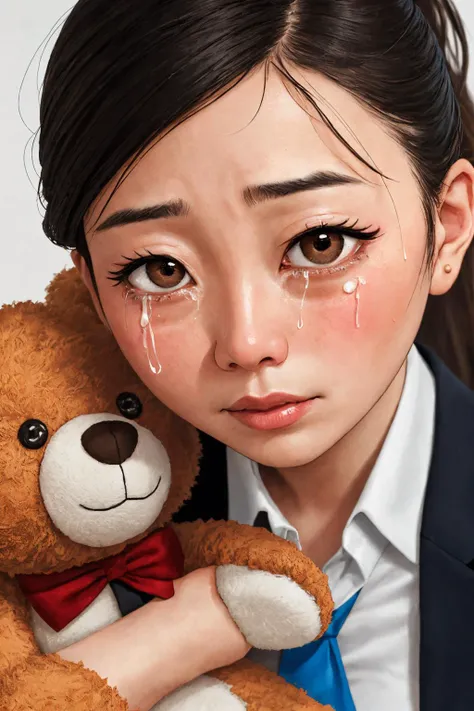 close-up photo portrait of a 30 yo asian woman, black ponytail, brown eyes, crying face expression, blush, shirt, tie, office lady, holding teddy bear, simple background