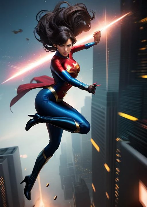 a superhero woman falling, highly detailed, sharp focus, stunningly beautiful