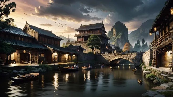 (masterpiece:1.2), best quality, masterpiece, highres, original, extremely detailed wallpaper, perfect lighting, CG,realism,oil painting,unreal engine,concept art,scenery, architecture, river, city,street,
