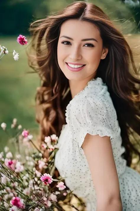 UHD, Masterpiece, Insanely realistic photo-portrait of Attractive MUSA2023 person, Light smile, 1.75m height, beautiful face, perfect face and round eyes, highly detailed, perfect body, sexy and elegant pose, Highly detailed flowing hair, natural skin color and texture, surrounded by colorful flowers, outdoors, wind, depth of field, spring France countryside, depth of field, (Phase One 645DF with P65+ Sensor, 50mm, outdoor, at day, full body portrait, cinematic lighting, ((Vintage Filter Effect:1.4)), ((depth of field:1.2))) by Annie Leibovitz