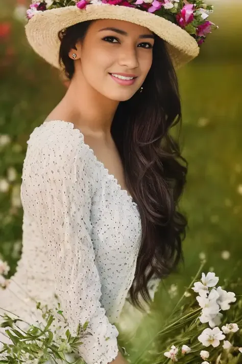 UHD, Masterpiece, Insanely realistic photo-portrait of Attractive MUSA2023 person, Light smile, 1.75m height, beautiful face, perfect face and round eyes, highly detailed, perfect body, sexy and elegant pose, Highly detailed flowing hair, natural skin color and texture, surrounded by colorful flowers, outdoors, wind, depth of field, spring France countryside, depth of field, (Phase One XF IQ4, 80mm, outdoor, at day, full body portrait, cinematic lighting, ((Vintage Filter Effect:1.4)), ((depth of field:1.2))) by Annie Leibovitz