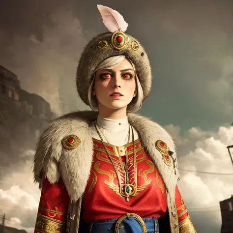 <lora:Ulrika:0.9>,  ulrika, red eyes, pale skin, black eye makeup,1girl, solo, gloves,fur trim,hat,white hair, feathers, collared shirt, jewelry, necklace, red gemstone, teenage, long hair, lateral hair, lips, asymmetrical bangs, blush, aged down, red coat,blue belt, big hat,, detailed hands and fingers, (highest quality,masterpiece,professional artwork,highres:1.4), (stunningly beautiful,ornate,intricate,fascinating, amazing, charming:1.2),ultra detailed,high definition,dynamic pose, volumetric light, cinematic lighting, dramatic lighting, highly detailed, sharp focus,award winning,RAW photo,4k, studio quality,(8k uhd,ultra 8k,8k cg:0.8),HDR,eos,perfect face,beautiful eyes,dreamlike,
