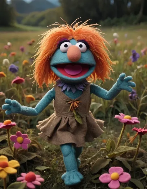<lora:Felt-Puppet-base-v1-000008:0.85> in a felt puppet world style,  a muppet movie scene, A nymph dancing in a field of enchanted flowers.