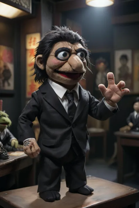 cinematic photography, 70s Japanese yakuza movie poster In a felt puppet world style, missing finger, black suit, shot on Canon EOS 5D, ND filter, fill lighting, in style of Jim Henson <lora:Felt-Puppet-base-v1-000008:0.8>