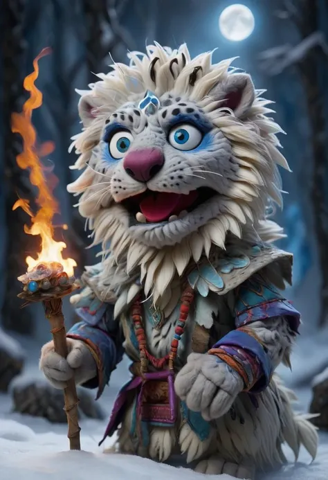 in a felt puppet world style, On the icy tundras of a polar realm, a shaman with a staff of frozen flames summons spirits of the aurora. Snow leopards with eyes of sapphire watch the ritual, their fur shimmering with magic. <lora:Felt-Puppet-base-v1-000008:0.85>