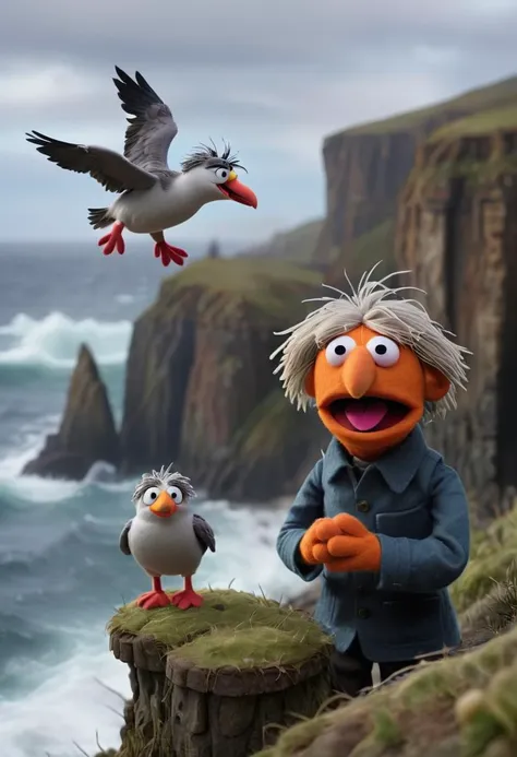 in a felt puppet world style,  At the edge of the world, where the sea meets the sky, towering cliffs stand as sentinels. Waves crash dramatically below, and seabirds ride the gusts, their cries echoing tales of adventures on the vast ocean. <lora:Felt-Puppet-base-v1-000008:0.85>