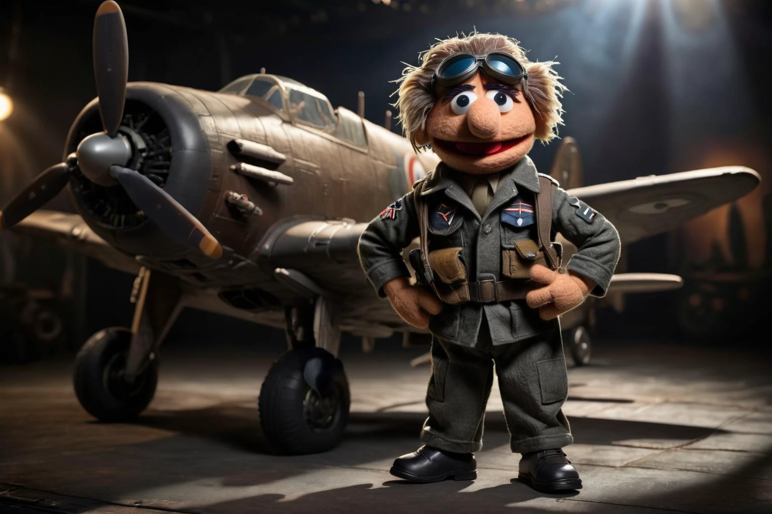 <lora:Felt-Puppet-base-v1-000008:0.8> in a felt puppet world style, full body portrait of a WWII fighter pilot standing in front of his plane, The pilot stands confidently in front of his iconic plane, with dramatic lighting casting strong shadows. The image exudes the courage and determination of this heroic figure