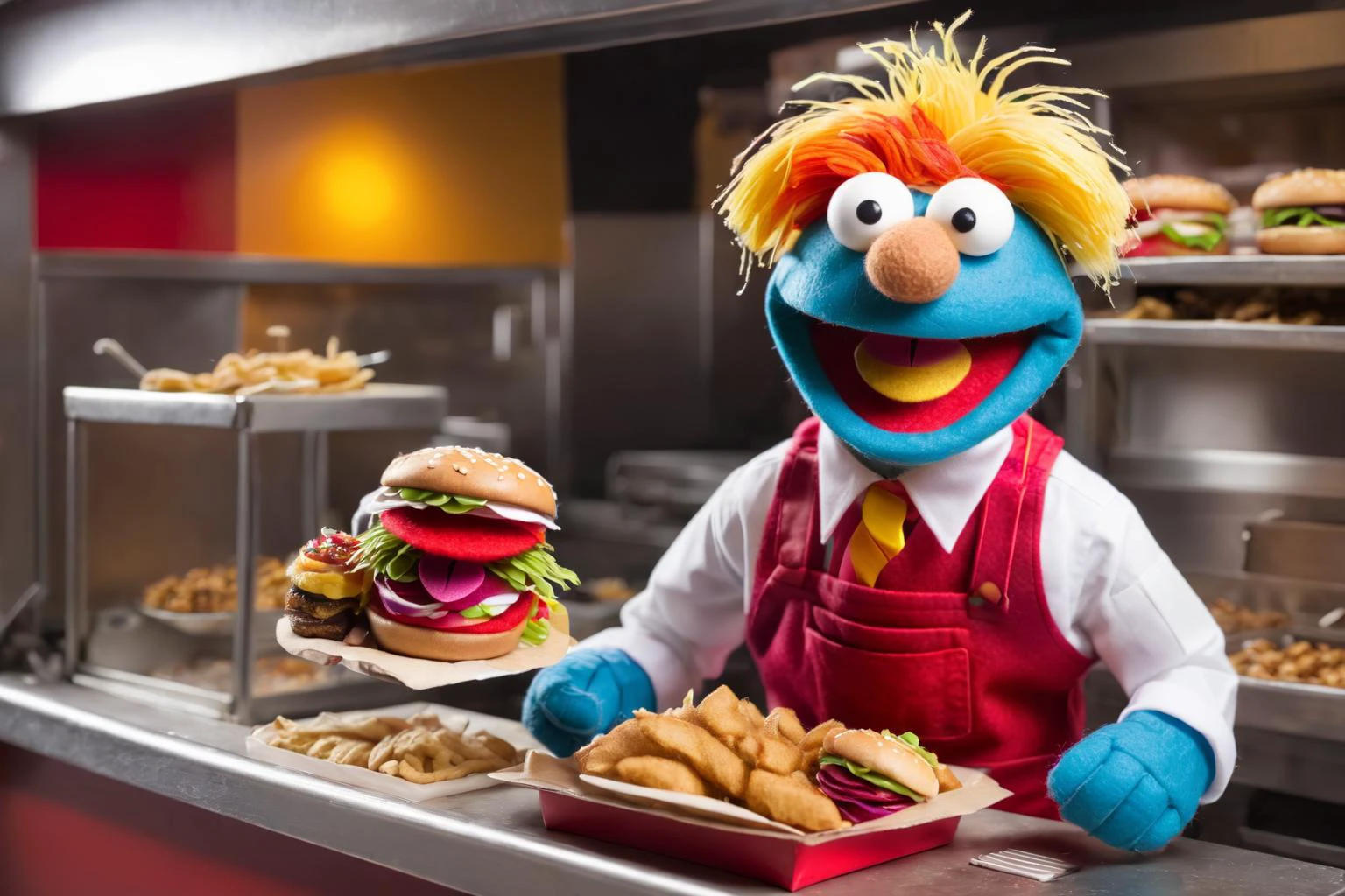 <lora:Felt-Puppet-base-v1-000008:0.8> in a felt puppet world style, fast food worker in a modern urban setting, wearing a colorful uniform and serving food with a friendly smile