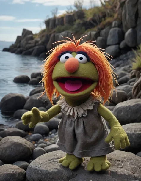 <lora:Felt-Puppet-base-v1-000008:0.85> in a felt puppet world style,  a muppet movie scene, A siren singing a haunting melody from a rocky shore.