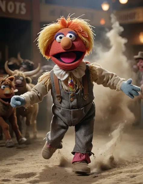 <lora:Felt-Puppet-base-v1-000008:0.85> in a felt puppet world style, a muppet movie scene, Rodeo clown dodging a charging bull, dust and straw flying.