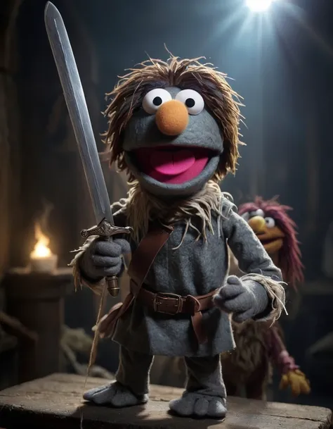 <lora:Felt-Puppet-base-v1-000008:0.85> in a felt puppet world style, a muppet movie scene, A revenant seeking revenge, sword glowing with ethereal light.