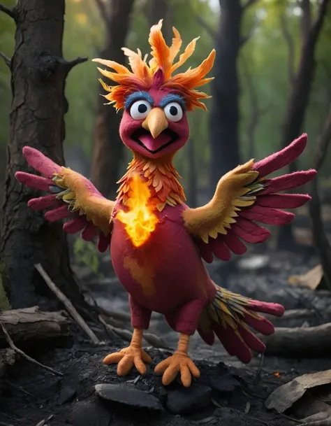 <lora:Felt-Puppet-base-v1-000008:0.85> in a felt puppet world style,, A phoenix rising from ashes in a secluded grove.