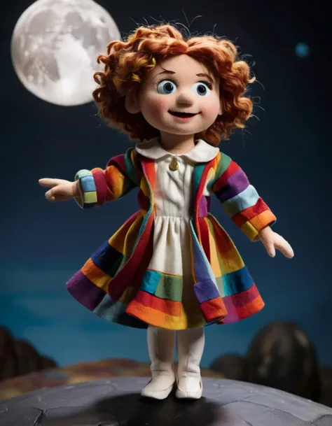 in a felt puppet world style A young girl with curly red hair wearing a white dress and a colorful dreamcoat. The girl stands on the moon with one hand on her hip and the other pointing at Earth.