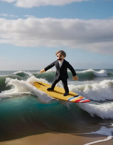 in a felt puppet world style Surfing on a literary wave, man riding a novel wave, page ripples, textured details, poetic capture, inspired by the experimental photography of Martin Parr