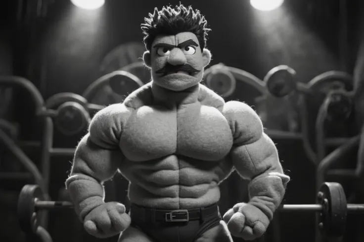 <lora:Felt-Puppet-base-v1-000008:0.8> in a felt puppet world style, A muscular bodybuilder with a confident pose, intense lighting, and a gritty, monochrome aesthetic.