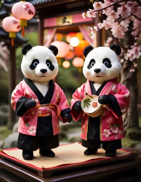 in a felt puppet world style A cute panda bear wearing a bakfuu (Japanese-style robe) and holding a senpai (older male friend) who is also wearing a bakfuu. They are standing in front of a koinobori (carp streamers) and chihiro (figurine) display. Springtime hanami (cherry blossom viewing) scene.