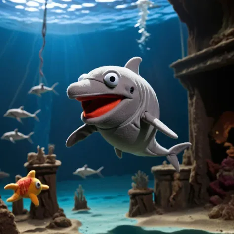 A dolphin felt puppet swimming in a puppet world sea <lora:LowRA:1> <lora:Felt-Puppet-base-v1-000008:1>