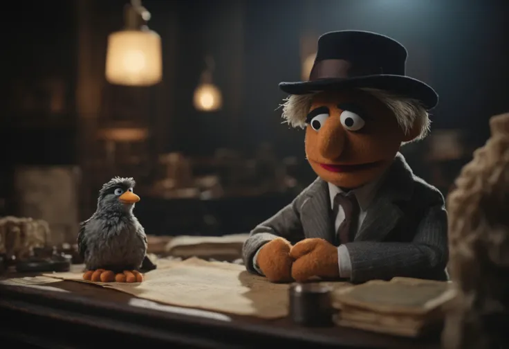 cinematic film still <lora:Felt-Puppet-base-v1-000008:0.75> in a felt puppet world style, A detective piecing together clues on a conspiracy board, photos and strings connecting. <lora:Modern-Cinema-Style-nv-v1:0.65> . shallow depth of field, vignette, highly detailed, high budget Hollywood movie, bokeh, cinemascope, moody, epic, gorgeous, film grain, grainy
