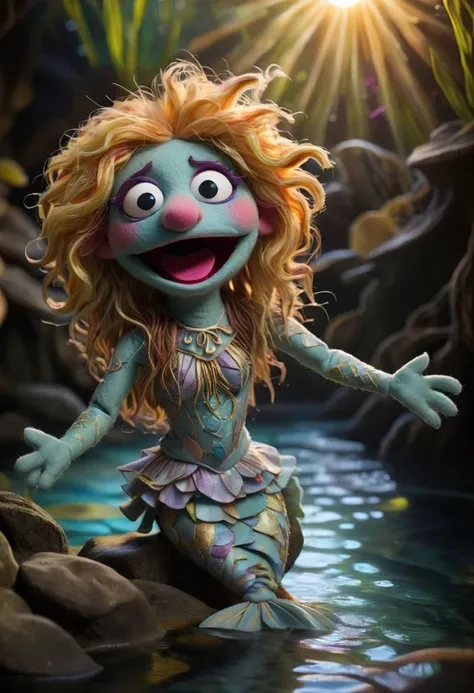 in a felt puppet world style, Hidden within a secluded lagoon, mermaids with shimmering scales and flowing hair sing and play. Their melodies, both haunting and mesmerizing, attract sailors from afar, and the water's surface sparkles with the reflection of the sun's golden rays. <lora:Felt-Puppet-base-v1-000008:0.85>