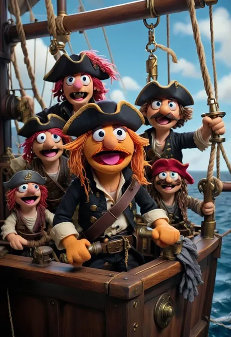 in a felt puppet world style, On a vast open sea, pirates aboard majestic ships engage in cannon warfare, boards are crossed, and swashbuckling heroes swing from ropes, battling for treasure and honor. <lora:Felt-Puppet-base-v1-000008:0.85>