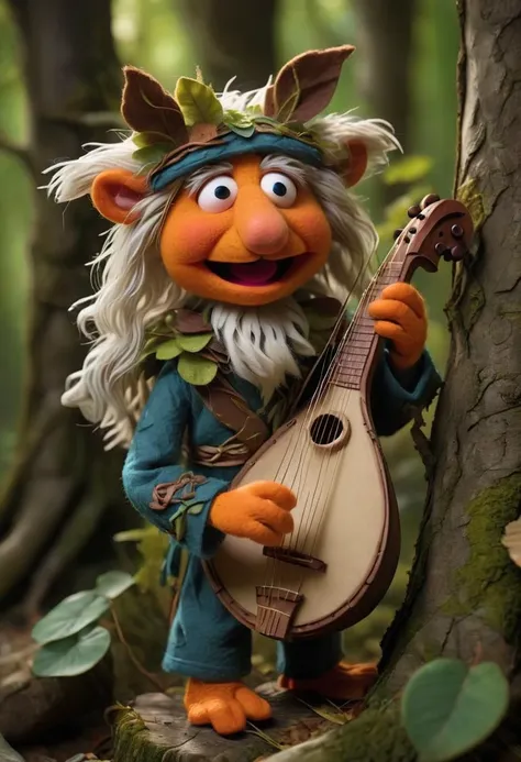 in a felt puppet world style, In a grove where trees whisper secrets of the earth, a druid with a harp of leaves plays melodies that resonate with nature. Animals gather in harmony, and the wind carries songs of the wild. <lora:Felt-Puppet-base-v1-000008:0.85>
