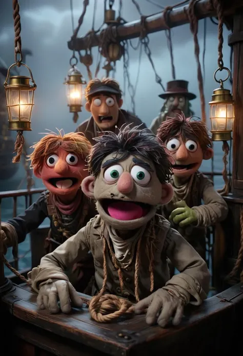 in a felt puppet world style, On the deck of a ghost ship adrift in uncharted waters, a cursed captain with glowing eyes and ethereal chains seeks redemption. Phantom crewmates go about their tasks, and the ship's lanterns cast an eerie glow over the fog-covered sea. <lora:Felt-Puppet-base-v1-000008:0.85>