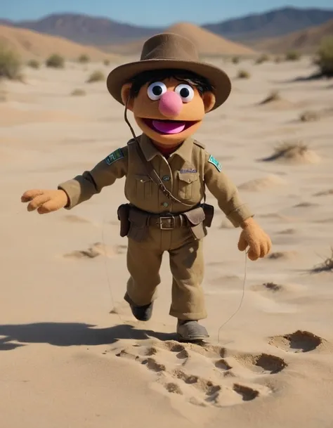 <lora:Felt-Puppet-base-v1-000008:0.85> in a felt puppet world style,, A ranger tracking footprints in a sandy desert.