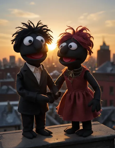 <lora:Felt-Puppet-base-v1-000008:0.85> in a felt puppet world style,, A couple, silhouetted against a setting sun, sharing a quiet moment on a city rooftop.