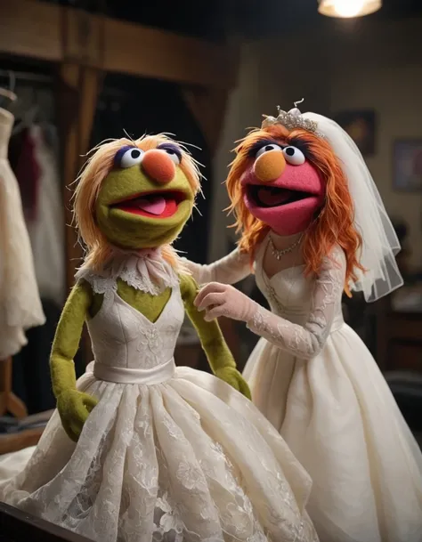 <lora:Felt-Puppet-base-v1-000008:0.85> in a felt puppet world style, a muppet movie scene, A tailor fitting a bride for her wedding gown, lace draping.
