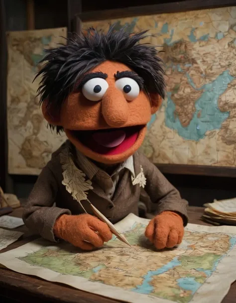 <lora:Felt-Puppet-base-v1-000008:0.85> in a felt puppet world style,, A mapmaker charting unexplored territories, quill scratching parchment.