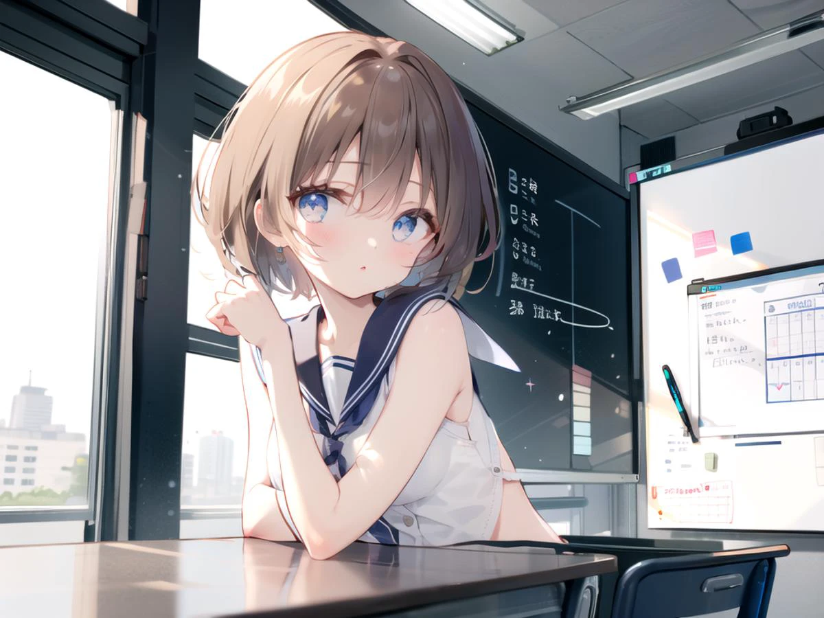 (masterpiece,best quality), 1girl,sailor, short hair, classroom, whiteboard, window <lora:gomiz:0.5> <lora:sd-No.414sailor_serafuku:0.4>
