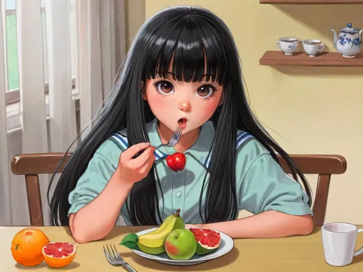 little thunder style,1girl,solo,long hair,looking at viewer,bangs,shirt,black hair,holding,sitting,food,blunt bangs,medium hair,black eyes,cup,fruit,leaf,eating,table,plate,fork<lora:merged model:1>