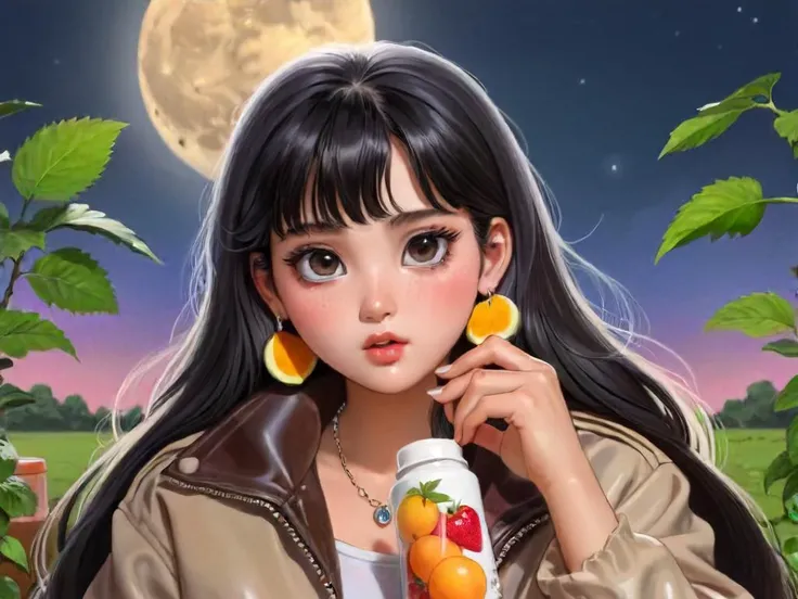 little thunder style,1girl,solo,long hair,looking at viewer,bangs,black hair,long sleeves,jewelry,jacket,upper body,earrings,outdoors,parted lips,food,mole,black eyes,cup,lips,mole under eye,fruit,moon,bottle,plant<lora:merged model:1>little thunder
