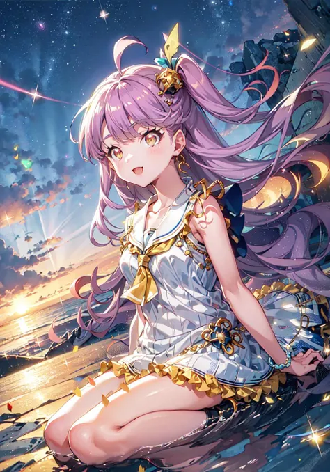 nanahoshi ai (t7s), (best quality, 8K, masterpiece, ultra detailed:1.2), cinematic angle, cowboy shot, light particles, sparkle, beautiful detailed eyes, shiny skin, shiny hair, purple hair, yellow eyes, side ponytail, starry sky print,
day, dappled sunlight, blue sky, beautiful clouds, beach, wide shot, depth of field, blurry, sailing boats, ocean, seagull, islands in distance,
1girl, solo, sexy, rib, cute, collarbone, full body,