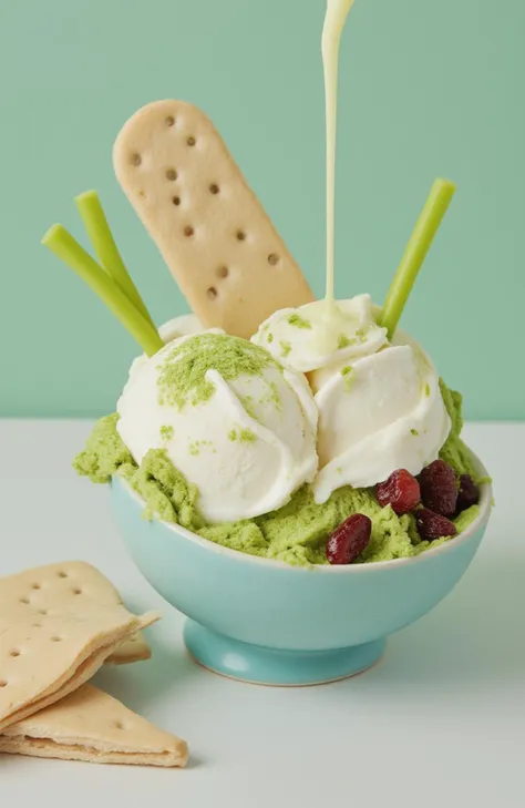 A creative ice cream sundae with playful, colorful garnishes.

Details: The sundae is served in a teal ceramic dish, topped with two scoops of creamy ice cream dusted with green matcha powder. Garnishes include a crunchy biscuit, green Pocky sticks, and dried cranberries, creating a visually delightful and tasty composition.
Environment: A minimalist background with a soft green tone that complements the dessert, keeping the focus on the playful arrangement.
Style: Playful, vibrant dessert photography with a focus on color and texture.
Lighting: Soft, even lighting that enhances the creamy texture of the ice cream and the vibrant colors of the garnishes.
Mood: Delightful, playful, and indulgent.
Resolution: Ultra-high resolution to capture the textures and colors of the ice cream and the garnishes.