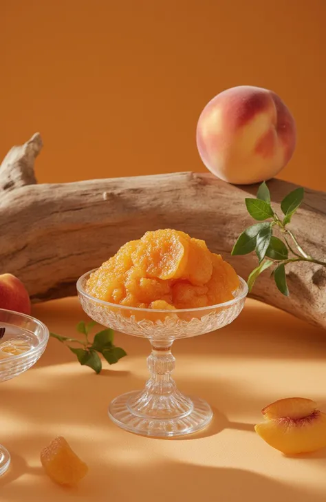 A luxurious display of amber-colored dessert in elegant glass bowls.

Details: The rich amber-colored dessert is showcased in delicate, tall glass bowls with intricate designs. The backdrop includes a rustic wooden log and a large peach, adding a natural, earthy contrast to the opulence of the dessert.
Environment: A well-lit, warm-toned setting that emphasizes the richness of the dessert and the natural elements.
Style: Elegant, high-end food photography with a focus on luxury and natural contrasts.
Lighting: Warm, soft lighting that enhances the amber tones of the dessert and casts gentle shadows.
Mood: Luxurious, earthy, and indulgent.
Resolution: Ultra-high resolution to capture the intricate details of the glass bowls and the rich texture of the dessert.