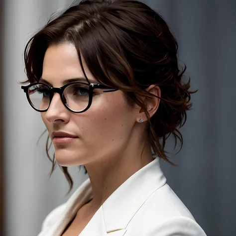 nude stana-t2 with round frame glasses, thin lips, slender body, young face, (glasses are refractive with chromatic aberration), messy hair, posing on bed with white sheets, full body photo, bright room, window, sunlight, white sunbeams, 4k, realistic, ultra detailed, detailed, masterpiece, highres, by Jeremy Lipking, by Antonio J Manzanedo, (by Alphonse Mucha:0.5) ((Ultra detailed))