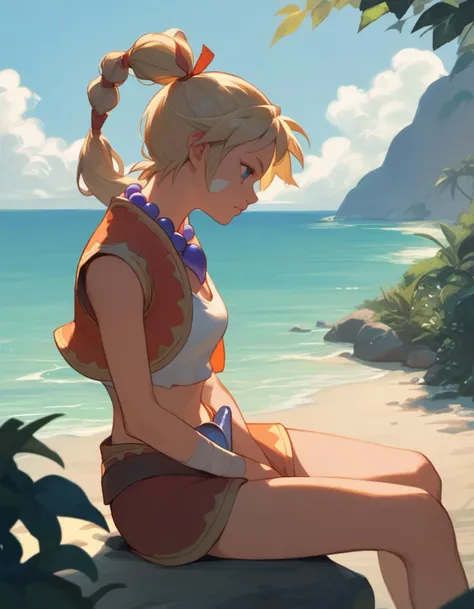 score_9,  score_8_up, score_7_up <lora:kid-cc-ponyxl-000012:1> kdecc, ponytail, facial mark, necklace, crop top, vest, midriff, skirt,
1girl, sitting, from side, outdoors, beach