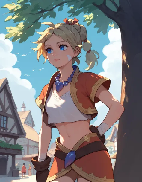 score_9,  score_8_up, score_7_up <lora:kid-cc-ponyxl-000012:1> kdecc, ponytail, facial mark, necklace, crop top, vest, midriff, skirt,
1girl, thinking, village, blue sky, tree