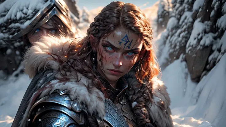 (Norse Berserker Woman:1.4),
(Frame Capturing full Body:1.4),
(Detailed tall muscular perfect fit body:1.5),
(Directed to the Left of the Frame:1.3),
(Fur-Laden Cape Flowing:1.3),
(Weathered Rune-Engraved Armor:1.4),
(Skyrim-Inspired Ambiance:1.3),
(Netflix Viking Series Aesthetics:1.1),
(Deep grey Eyes:1.2),
(Bloodied Battle-Worn angry Face:1.3),
(Tousled, highlight Long Braided Hair:1.2),
(Mountainous Snow-Capped Background:1.0),
(Glowing Sunrise Highlighting Her face:1.3),
(Winter-Themed Color Palette:1.2),
(Camera Captures Intensity and Determination:1.3),
(DSLR Image Quality:1.1),
(Sharp Image Focus on Subject:1.3),
(Film-Grain Texture:1.1),
(Dynamic High Definition Range:1.2),
(Blur Effect on Background for Depth:1.4),
(Vibrant and Muted Color Balance for Aesthetic Wallpaper:1.5),
(Minimalistic Design Aesthetics for Icon Space:1.2),
(Detail-Enhanced Sharpness on Main Subject:1.4),
<lora:real_skin:1>, <lora:NijiExpressV2:0.6>, <lora:NorseViking_v10:1>, <lora:add_detail:0.6>, <lora:more_details:0.3>, <lora:Eyes:0.3>