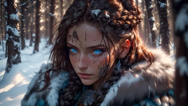 (Viking berserker norse Woman Post-Battle stance:1.2), (upper Body Framed:1.4), (detailed Runic Steel Sword:1.3), (detailed fur cloak:1.3), (Weathered detailed Runed Armor:1.4), (Skyrim-Inspired:1.3), (Viking-inspired Netflix series:1.1), (detailed piercing Ice-Blue Eyes:1.2), (detailed perfect (mature :1.4) Dirty battle-darkened face), (detailed real skin), (detailed highlight Long Messy Braided Hair:1.2), (Snow-Capped Mountains:1.0), (Pine Forest Background:1.0), (Rising Sun:1.1), (Winter Color Palette:1.2), (Camera Framing Battle Aftermath:1.2), (DSLR:1.1), (Sharp Focus:1.2), (Film Grain:1.1), (8K UHD Resolution:1.1), (High Definition Range:1.2), (Trending on Unsplash:1.0), <lora:real_skin:1>, <lora:NijiExpressV2:0.6>,
<lora:NorseViking_v10:1><lora:add_detail:0.6> <lora:epi_noiseoffset2:1> <lora:breastinclassBetter:0.3> <lora:more_details:0.3>