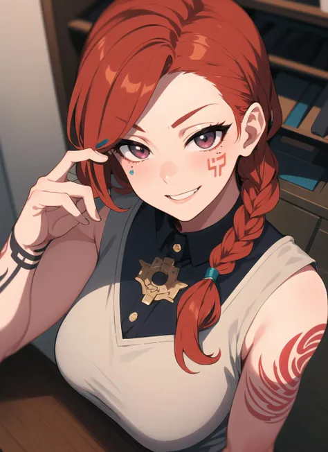 fisheye lens, from above,female focus,Norse ,mature female (masterpiece, high quality:1.2),upper body, gyaru,school girl,multicolored hair,red hair, braid, facial tattoo, dragon tattoo,smirk,eyeliner, blush, VIKING TSUDERE GYARU WAIFU