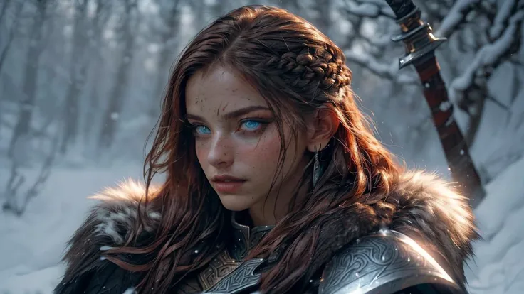 (Norse Berserker Woman:1.4),
(Frame Capturing Upper Body:1.4),
(Holding Detailed Runic Steel Sword:1.3),
(Directed to the Left of the Frame:1.3),
(Fur-Laden Cape Flowing:1.3),
(Weathered Rune-Engraved Armor:1.4),
(Skyrim-Inspired Ambiance:1.3),
(Netflix Viking Series Aesthetics:1.1),
(Deep Ice-Blue Eyes:1.2),
(Bloodied, Battle-Worn Face:1.3),
(Tousled, Long Braided Hair:1.2),
(Mountainous Snow-Capped Background:1.0),
(Glowing Sunrise Highlighting Her Profile:1.3),
(Winter-Themed Color Palette:1.2),
(Camera Captures Intensity and Determination:1.3),
(DSLR Image Quality:1.1),
(Sharp Image Focus on Subject:1.3),
(Film-Grain Texture:1.1),
(Dynamic High Definition Range:1.2),
(Blur Effect on Background for Depth:1.4),
(Vibrant and Muted Color Balance for Aesthetic Wallpaper:1.5),
(Minimalistic Design Aesthetics for Icon Space:1.2),
(Detail-Enhanced Sharpness on Main Subject:1.4),
<lora:real_skin:1>, <lora:NijiExpressV2:0.6>, <lora:NorseViking_v10:1>, <lora:add_detail:0.6>, <lora:more_details:0.3>, <lora:Eyes:0.3>