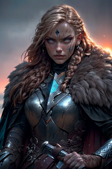 (Award winning portrait of Norse Berserker Woman:1.4),
(Frame Capturing full Body:1.4),
(Wearing huge rune -engraved battle axe:1.4),
(Detailed tall muscular perfect fit body:1.5),
(Directed to the Left of the Frame:1.3),
(Fur-Laden Cape Flowing:1.3),
(Weathered Rune-Engraved Armor:1.4),
(Skyrim-Inspired Ambiance:1.3),
(Netflix Viking Series Aesthetics:1.1),
(Deep grey Eyes:1.2),
(Bloodied Battle-Worn angry Face:1.3),
(Tousled, highlight Long Braided Hair:1.2),
(Mountainous Snow-Capped Background:1.0),
(Glowing Sunrise Highlighting Her face:1.3),
(Winter-Themed Color Palette:1.2),
(Camera Captures Intensity and Determination:1.3),
(DSLR Image Quality:1.1),
(Sharp Image Focus on Subject:1.3),
(Film-Grain Texture:1.1),
(Dynamic High Definition Range:1.2),
(Blur Effect on Background for Depth:1.4),
(Vibrant and Muted Color Balance for Aesthetic Wallpaper:1.5),
(Minimalistic Design Aesthetics for Icon Space:1.2),
(Detail-Enhanced Sharpness on Main Subject:1.4),
<lora:real_skin:1>, <lora:NijiExpressV2:0.6>, <lora:NorseViking_v10:1>, <lora:add_detail:0.6>, <lora:more_details:0.3>, <lora:Eyes:0.3>