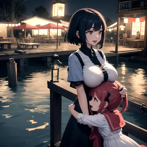 masterpiece, best quality, highly detailed, detailed background, <lora:boobhat_flat_alpha1:1.3> (boobhat_facing:1.3), (breasts_on_head:0.8), woman, huge breasts, happy, girl, dress, (side view:0.8), lake view, docks, lanterns, 2girls