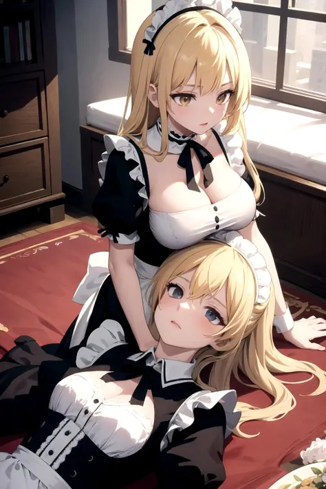 masterpiece, best quality, highly detailed, detailed background, <lora:boobhat_flat_alpha1:1> boobhat_flat, breasts_on_head, woman, large breasts, blonde hair, maid uniform, choker, girl, flat chest, dress, breast envy, laying down, head in lap, from above, royal court, indoors