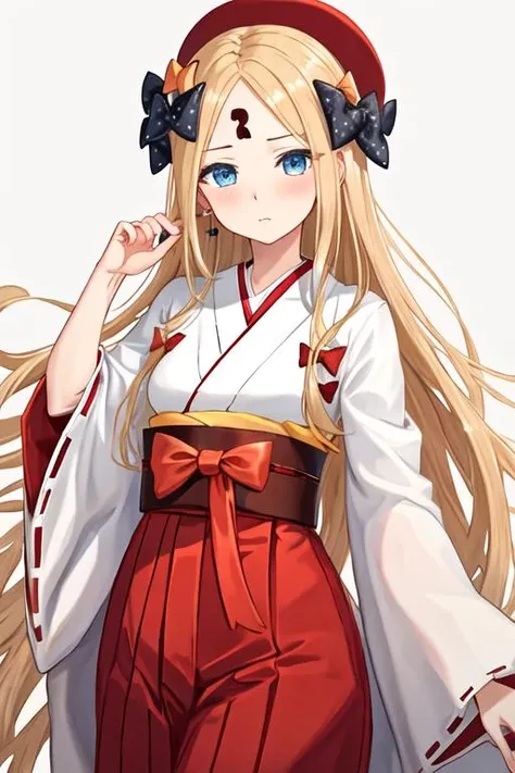 best quality, masterpiece, highres, solo, {white kimono:1.35}, {red hakama:1.35}, {wide sleeves:1.20}, {abigail_williams_fgo:1.15}, long_hair, bangs, parted_bangs, blonde_hair, bow, blue_eyes, orange_bow, black_bow, forehead, hair_bow, blush, polka_dot, polka_dot_bow, very_long_hair, breasts, small_breasts, multiple_hair_bows