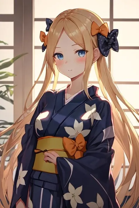 best quality, masterpiece, highres, solo, {yukata:1.40}, {kimono:1.20}, {abigail_williams_fgo:1.15}, long_hair, bangs, parted_bangs, blonde_hair, bow, blue_eyes, orange_bow, black_bow, forehead, hair_bow, blush, polka_dot, polka_dot_bow, very_long_hair, breasts, small_breasts, multiple_hair_bows