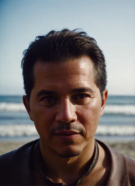 photo of beautiful sks person, hyper realistic photograph, detailed face,film grain, Kodak portra 800, f1.8, intricate, at the beach, <lora:locon_johnleguizamo_v1_from_v1_64_32:1>
